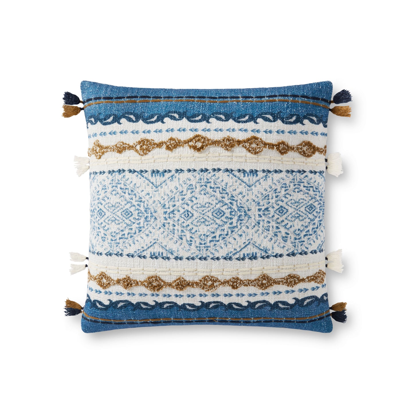 Photo of a pillow; P0930 Blue / Natural 18" x 18" Cover w/Poly Pillow