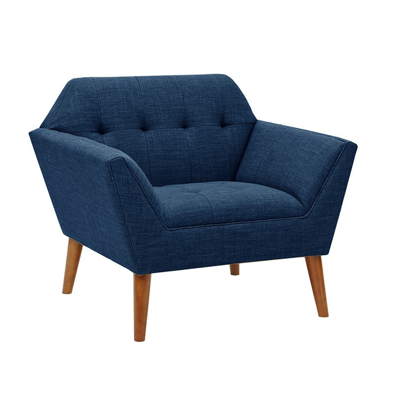 Blue armchair with wooden legs on a white background