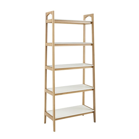 Wooden shelf with white shelves on a white background