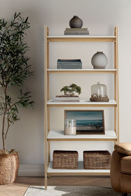 Bookshelf styled in a living room next to an olive tree in a basket
