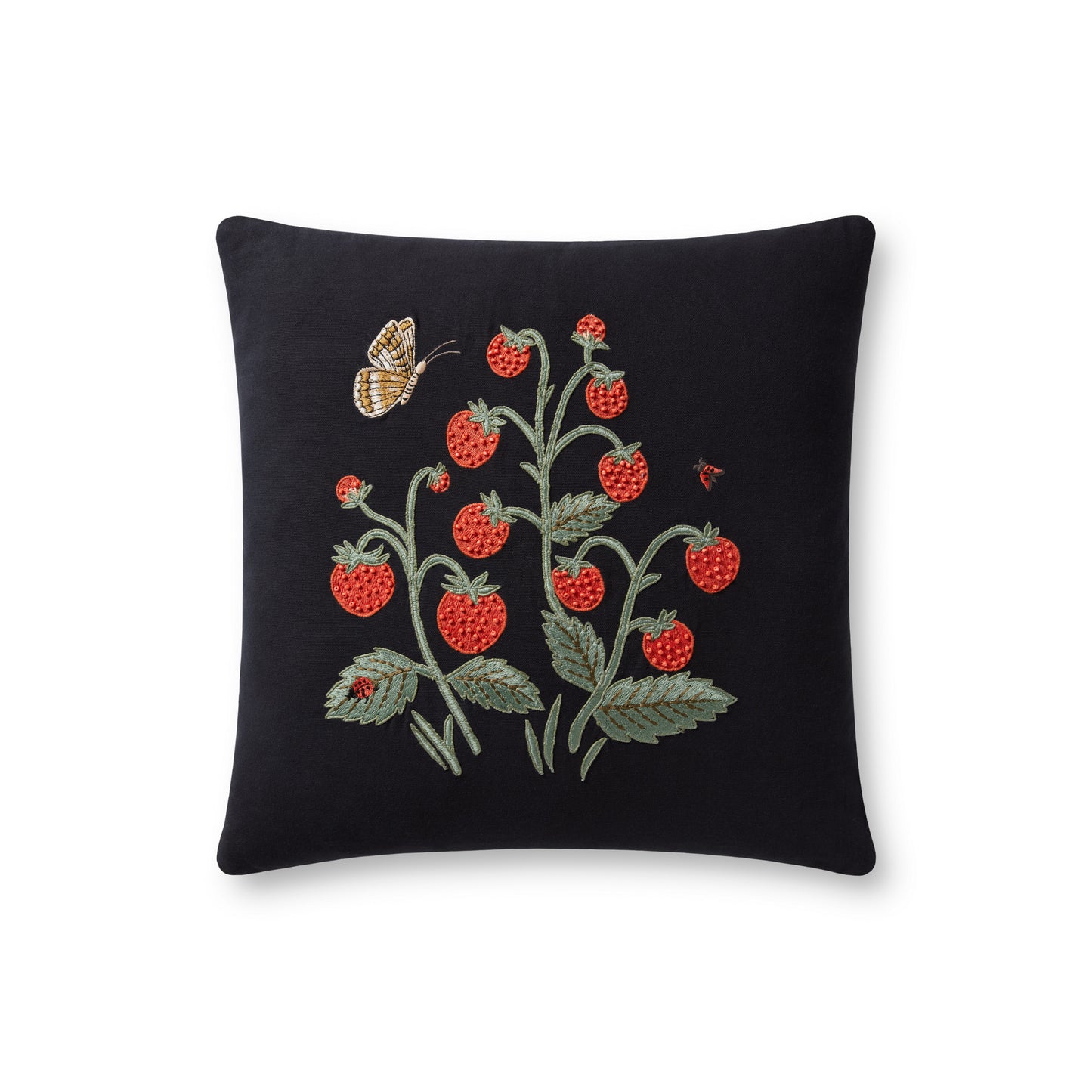 Photo of Loloi's Rifle Paper Co. x Loloi PRP0021 Strawberries Black 18" x 18" Cover w/Poly Pillow