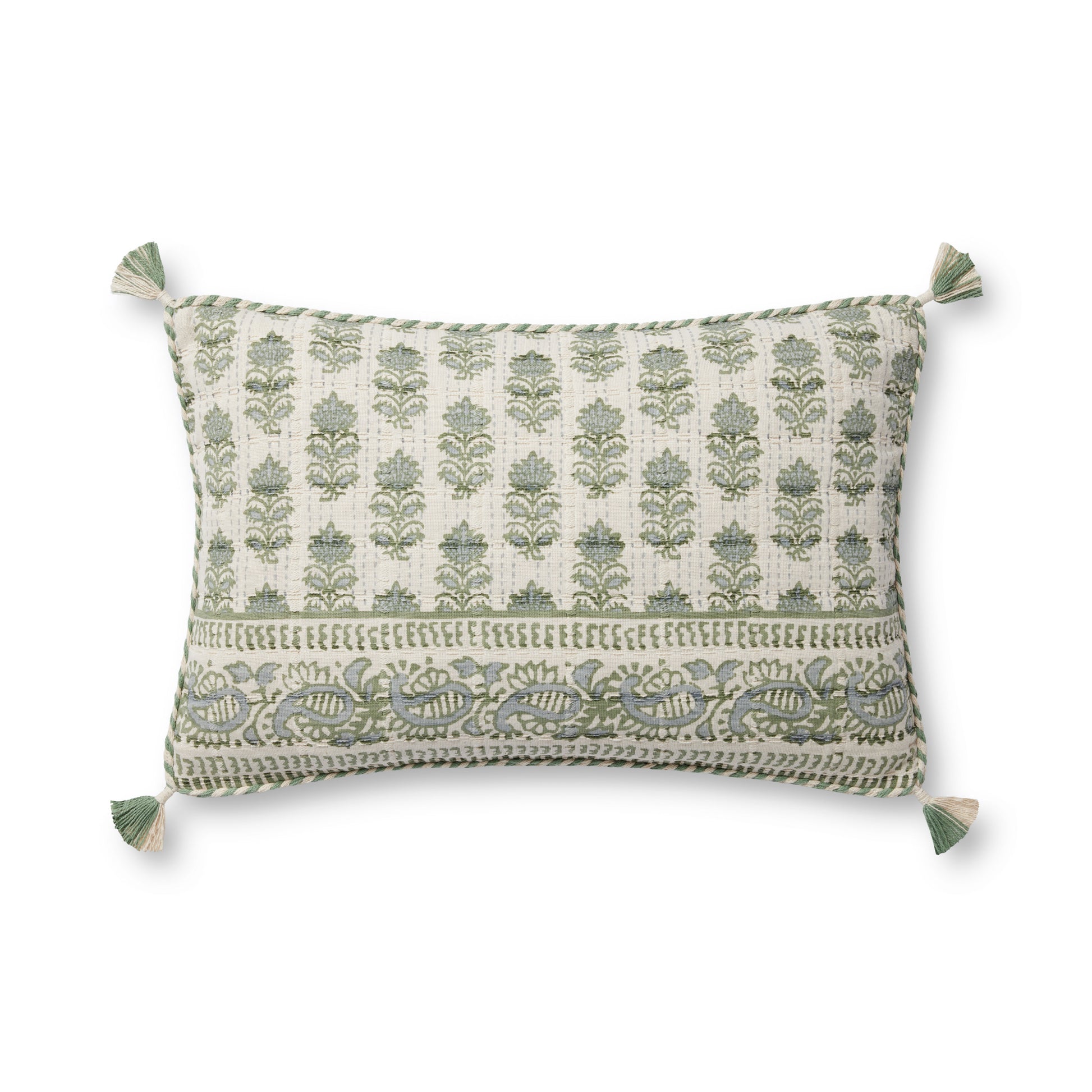 Photo of a pillow;  PLL0113 Sage / Ivory 13'' x 21'' Cover w/Poly Pillow