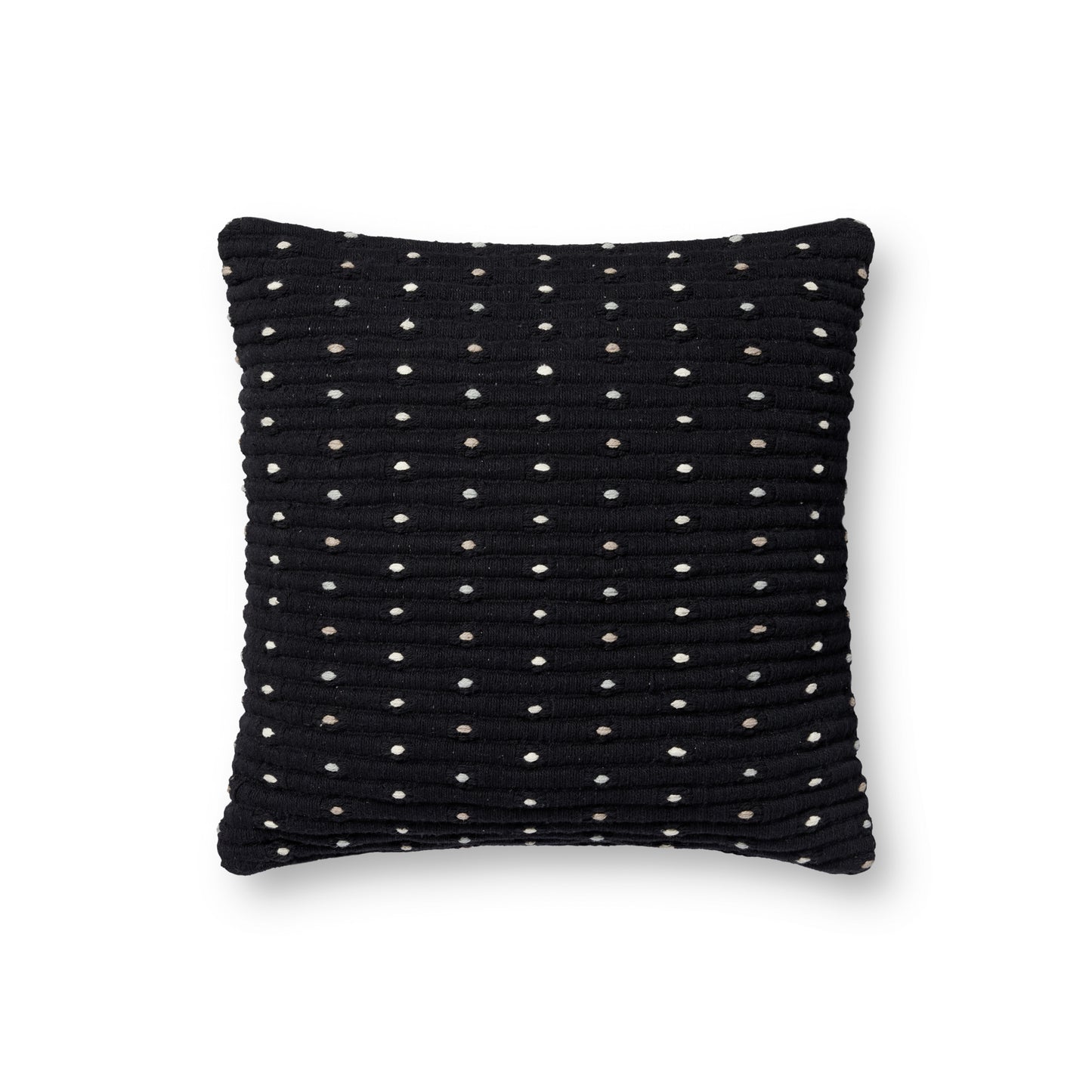 Photo of a pillow;  PLL0118 Black 18'' x 18'' Cover w/Poly Pillow